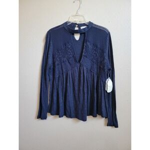 Altar'd State‎ Top Keyhole Floral Lace Mesh Ruffle Long Sleeve Shirt Blue Sz L